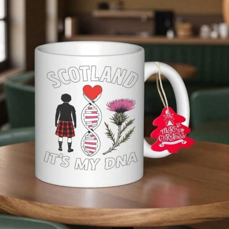 Tailorly White Ceramic 11 oz Mug - Scotland Its My DNA Traditional Kilted Man Standing Beside A Thistle And Genetic DNA Mug