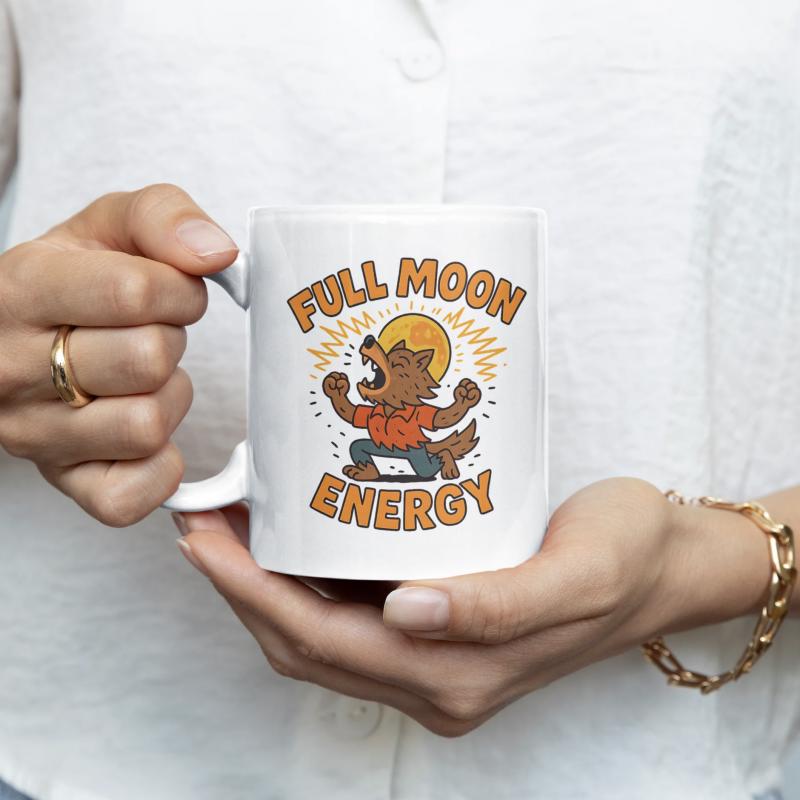 Tailorly White Ceramic 11 oz Mug - Full Moon Energy Cartoon Werewolf Howling Proudly Under A Glowing Yellow Moonlight Circle Werewolf