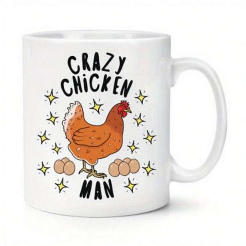 Tailorly White Ceramic 11 oz Mug - Crazy Chicken Man Rust Colored Hen Standing Over Fresh Eggs Surrounded By Glowing Golden Stars Hen