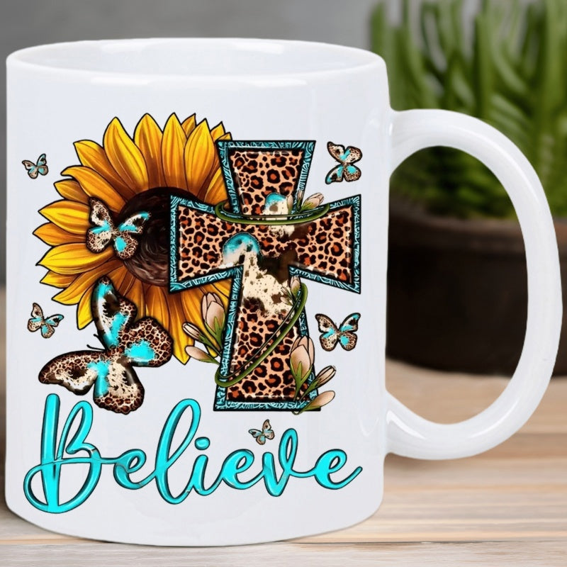 Tailorly White Ceramic 11 oz Mug - Believe Vibrant Yellow Sunflower With Leopard Pattern Cross And Fluttering Butterflies Mug