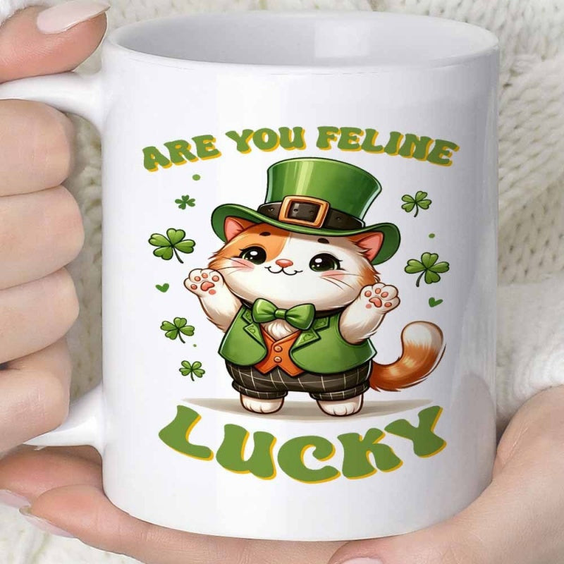 Tailorly White Ceramic 11 oz Mug - Are You Feline Lucky Cute Ginger Cat Wearing Green Leprechaun Outfit Surrounded By Lucky Shamrocks Cat