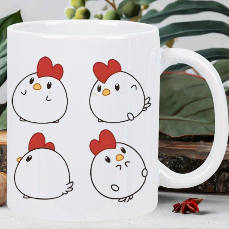 Tailorly White Ceramic 11 oz Mug - Four Adorable Round Cartoon Birds With Red Heart Shaped Combs Chicken