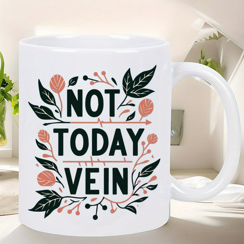 Tailorly White Ceramic 11 oz Mug - Not Today Vein Intricate Floral Branches With Dark Leaves And Peach Colored Buds Mug