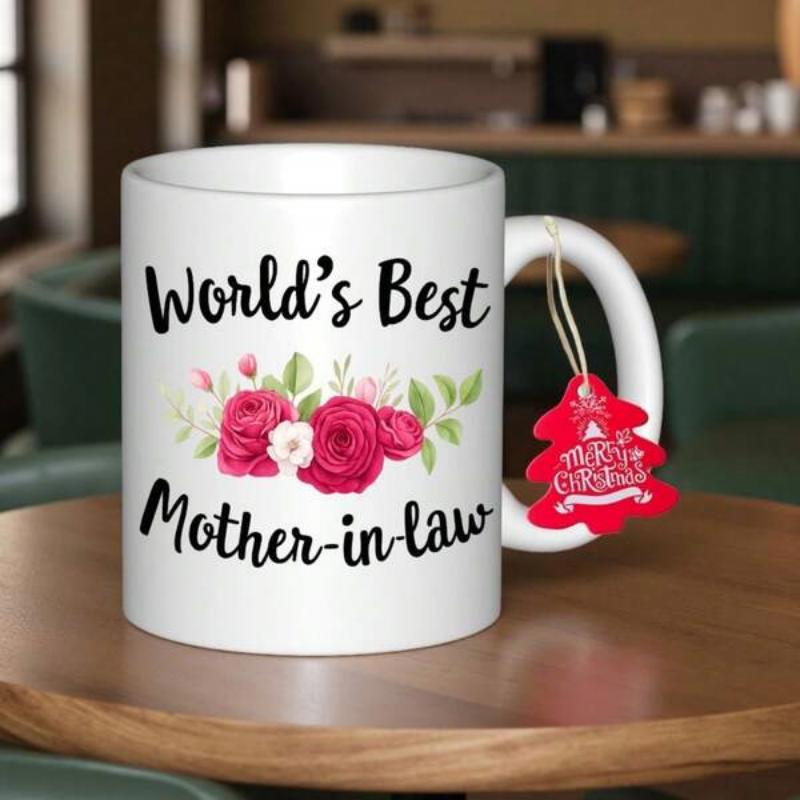 Tailorly White Ceramic 11 oz Mug - Worlds Best Mother In Law Merry Christmas Beautiful Pink And Red Blossoms With Vibrant Green Leaves Among Garden Roses