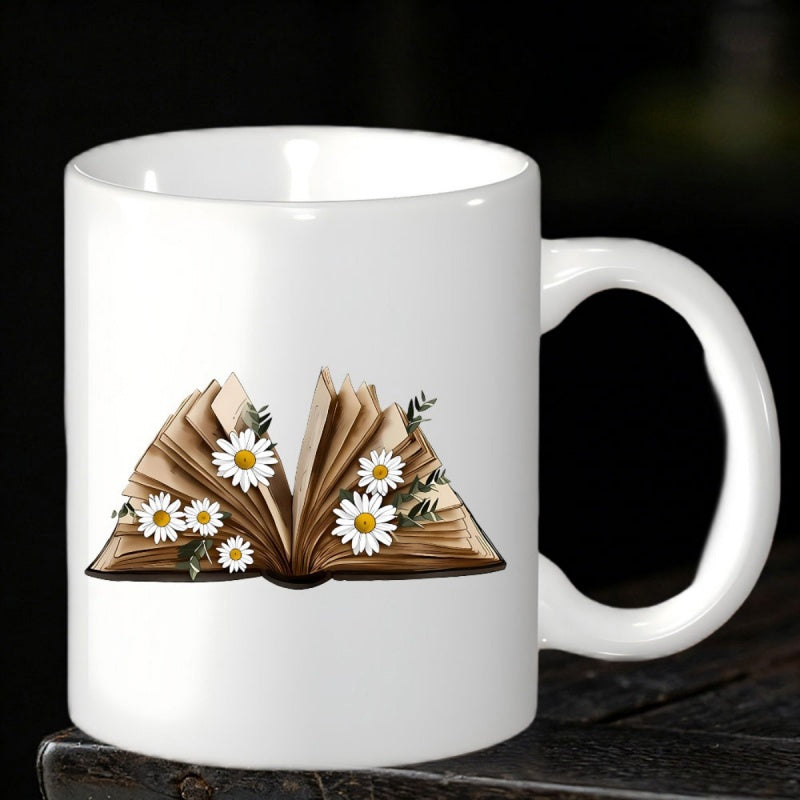 Tailorly White Ceramic 11 oz Mug - Open Vintage Style Pages With Blooming White Daisies Nestled Inside Book