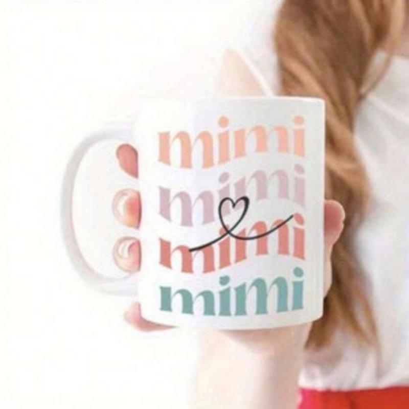 Tailorly White Ceramic 11 oz Mug - Mimi Stacked Colorful Retro Wavy Lettering Arranged With A Simple Minimalist Line Heart