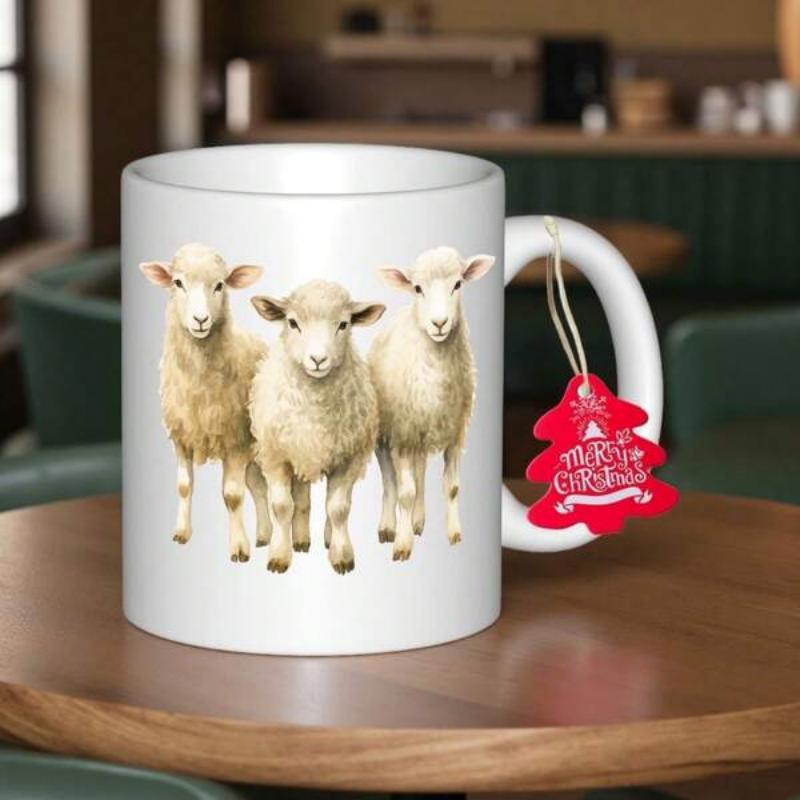 Tailorly White Ceramic 11 oz Mug - Merry Christmas Three Fluffy White Farm Animals Standing Together On A White Background Sheep
