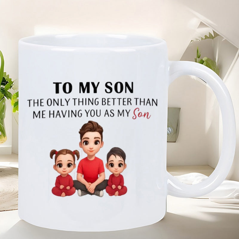 Tailorly White Ceramic 11 oz Mug - To My Son The Only Thing Better Than Me Having You As My Son Cute Cartoon Father Sitting With Two Children In Red Family