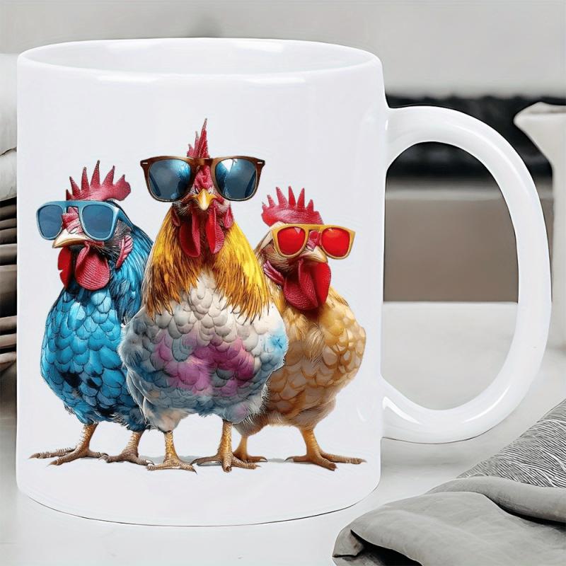 Tailorly White Ceramic 11 oz Mug - Vibrant Hand Painted Style Roosters Wearing Sunglasses Standing Together Cool Roosters