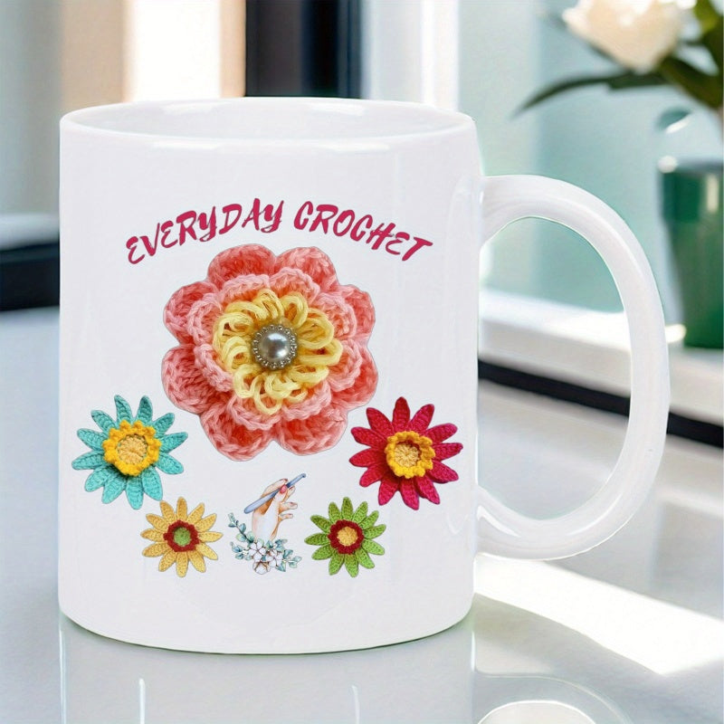 Tailorly White Ceramic 11 oz Mug - Everyday Crochet Vibrant Colorful Handcrafted Yarn Flowers Blooming With Artistic Creative Textures Flower