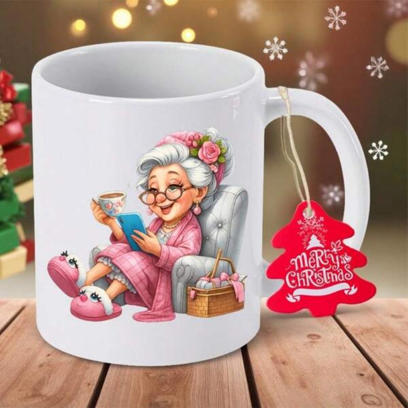 Tailorly White Ceramic 11 oz Mug - Merry Christmas Adorable Elderly Woman Resting Comfortably On Armchair Reading Tablet During Holiday Season Grandma