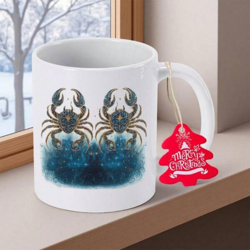 Tailorly White Ceramic 11 oz Mug - Ornate Metallic Shells Floating Above Deep Blue Mystical Swirling Oceanic Waves Crab