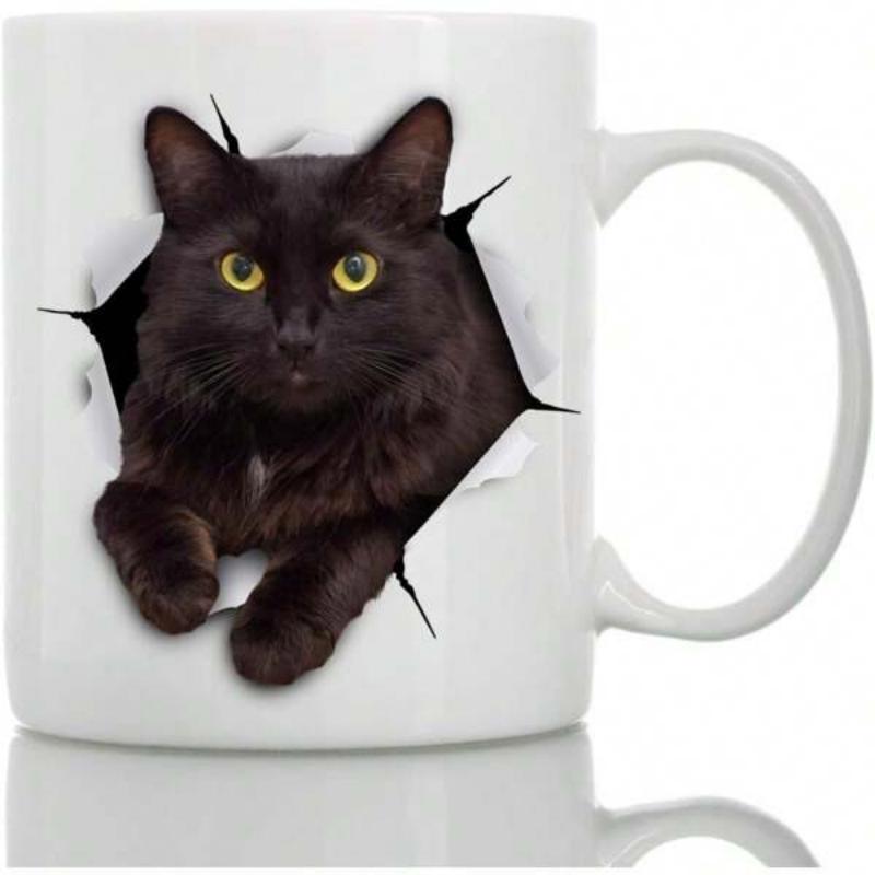 Tailorly White Ceramic 11 oz Mug - Mysterious Black Furry Animal With Bright Yellow Eyes Peeking From Hole Cat