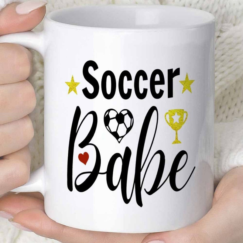 Tailorly White Ceramic 11 oz Mug - Soccer Babe Decorative Graphic Elements Featuring Yellow Stars And A Golden Winner Trophy Soccer Ball