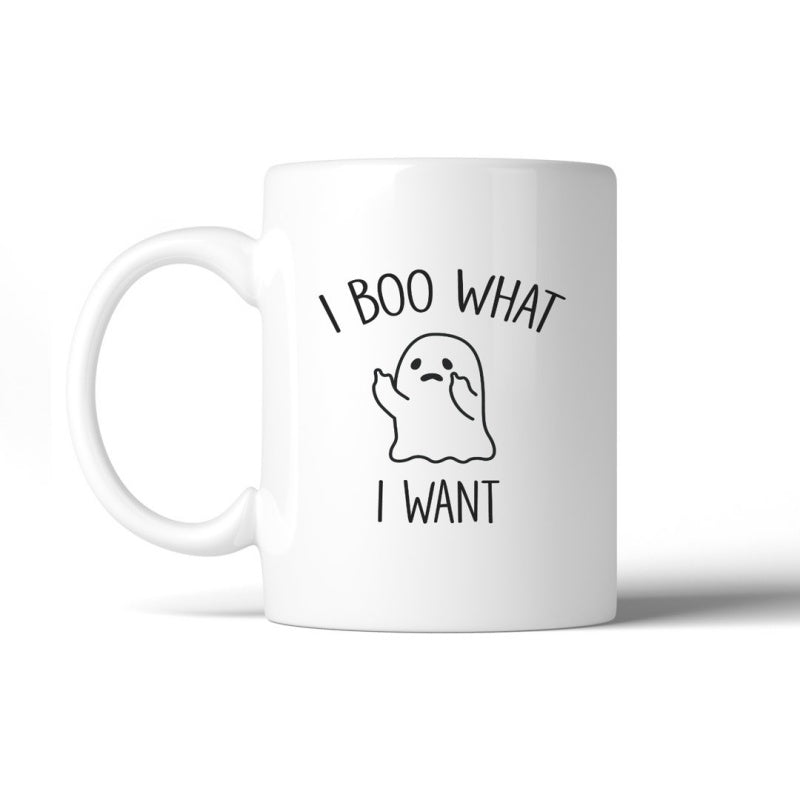 Tailorly White Ceramic 11 oz Mug - I Boo What I Want Minimalist Black Line Drawing Of A Cute Little Spooky Spirit Ghost