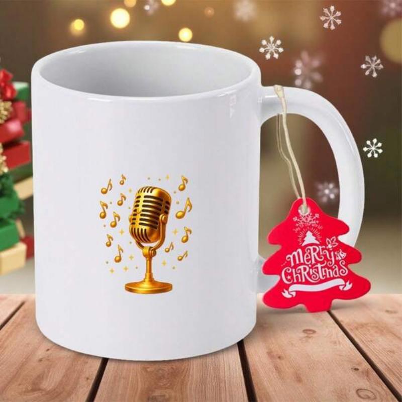 Tailorly White Ceramic 11 oz Mug - Merry Christmas Golden Vintage Classic Style Music Notes Elegant Floating Design Microphone