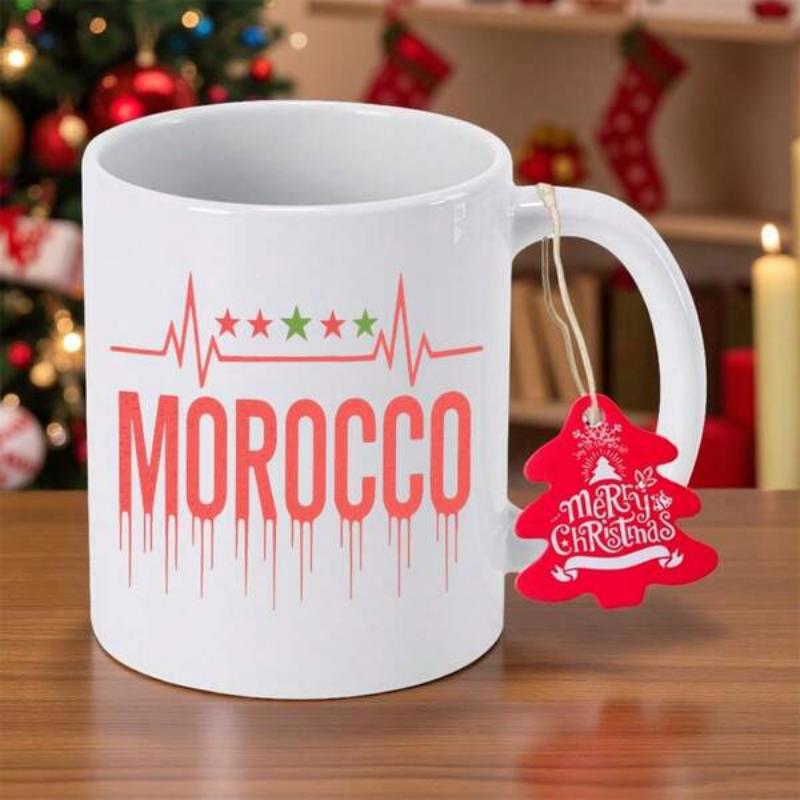 Tailorly White Ceramic 11 oz Mug - Morocco Patriotic Pulse Line Featuring Five Stars And Dripping Effect Heartbeat