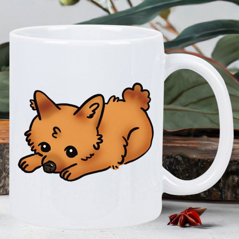 Tailorly White Ceramic 11 oz Mug - Adorable Fluffy Brown Dog Lying Down With Sweet Innocent Expression Puppy