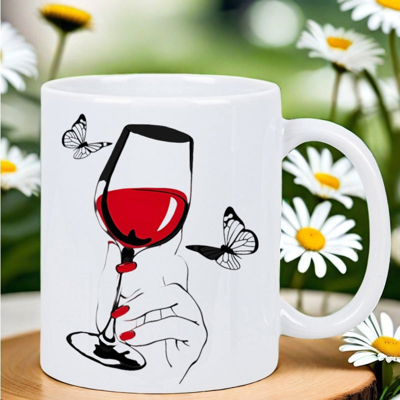 Tailorly White Ceramic 11 oz Mug - Elegant Minimalist Line Art Hand Holding Red Wine Among Fluttering Butterflies Glass
