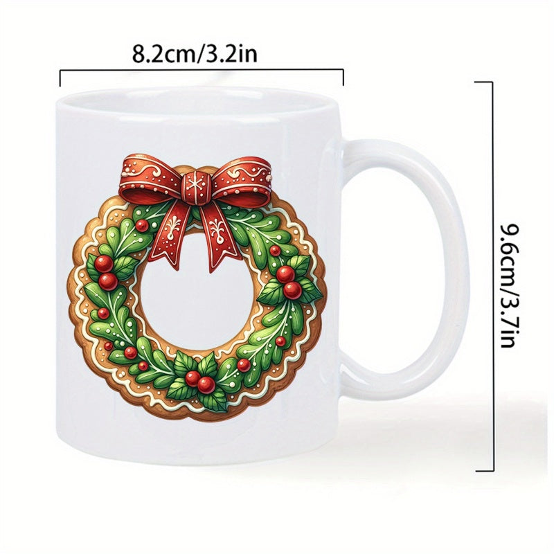 Tailorly White Ceramic 11 oz Mug - Festive Evergreen Foliage With Vibrant Red Berries And Elegant Ribbon Bow Wreath