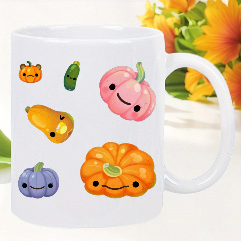 Tailorly White Ceramic 11 oz Mug - Colorful Cute Cartoon Autumn Vegetables With Adorable Smiling Faces Pumpkins