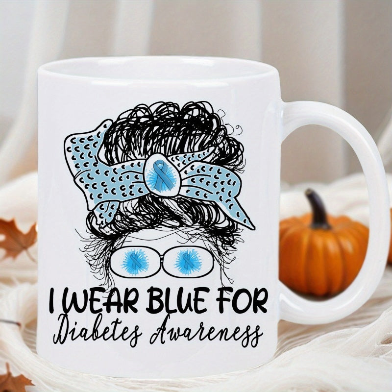 Tailorly White Ceramic 11 oz Mug - I Wear Blue For Diabetes Awareness Messy Bun Silhouette With Blue Patterned Headband And Ribbon Messy Bun