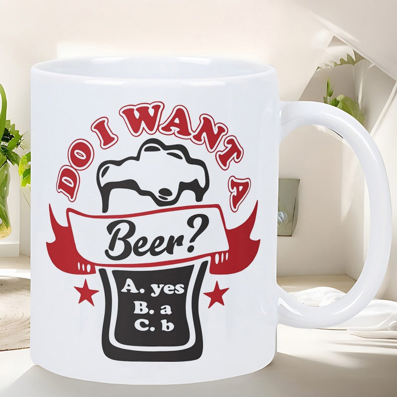 Tailorly White Ceramic 11 oz Mug - Do I Want A Beer Stylized Foaming Stout Glass With Red Decorative Banners And Stars Mug