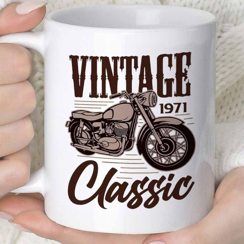 Tailorly White Ceramic 11 oz Mug - Vintage 1971 Classic Retro Hand Drawn Style With Detailed Mechanical Parts Motorcycle