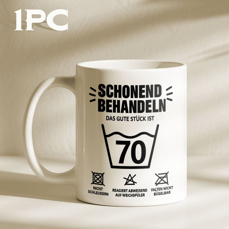 Tailorly White Ceramic 11 oz Mug - Minimalist Laundry Care Symbols With Number Seventy Celebrating A Milestone Birthday Mug
