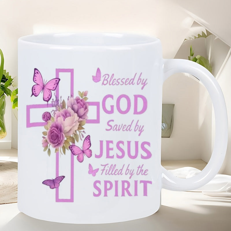 Tailorly White Ceramic 11 oz Mug - Blessed By God Saved By Jesus Filled By The Spirit Elegant Purple Floral Design With Graceful Butterflies Cross