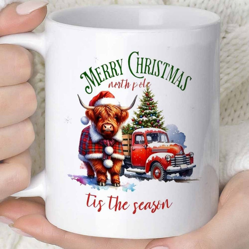 Tailorly White Ceramic 11 oz Mug - Merry Christmas North Pole Tis The Season Adorable Festive Fluffy Highland Cow Wearing Santa Hat Beside Vintage Red Truck Cow