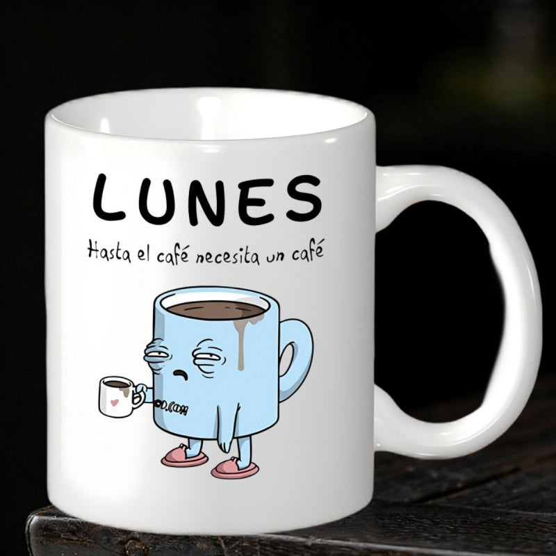 Tailorly White Ceramic 11 oz Mug - Sleepy Blue Cartoon Character Sipping Coffee With Droopy Exhausted Eyes Mug