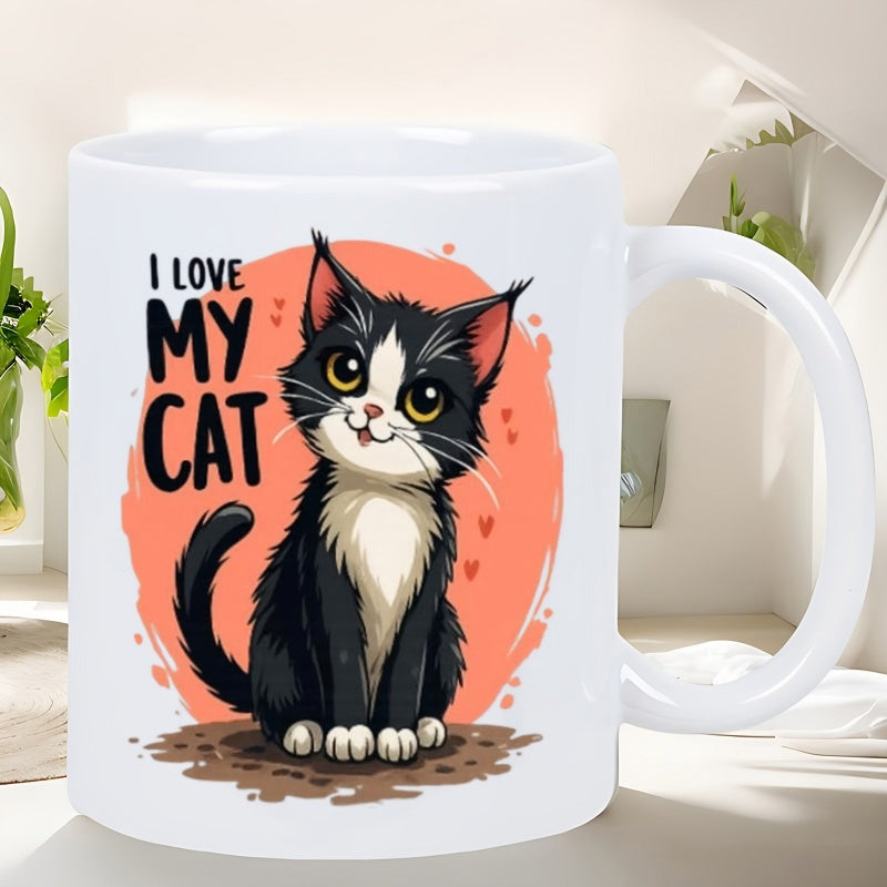 Tailorly White Ceramic 11 oz Mug - I Love My Cat Adorable Tuxedo Kitten Sitting Against Coral Sunset With Hearts Cat