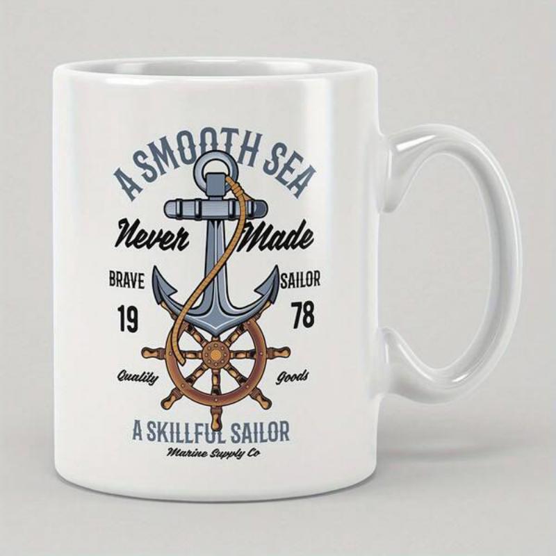 Tailorly White Ceramic 11 oz Mug - A Smooth Sea Never Made A Skillful Sailor Vintage Distressed Nautical Design With Ship Wheel And Rope Anchor