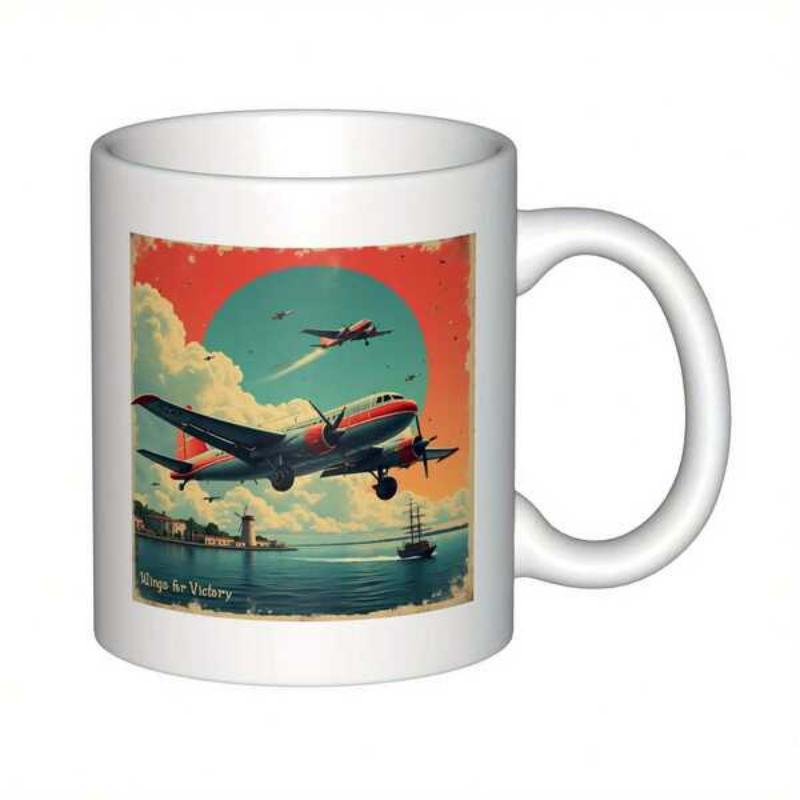 Tailorly White Ceramic 11 oz Mug - King Of Travel Vintage Retro Propeller Plane Soaring Over Coastal Lighthouse And Calm Blue Ocean Airplane