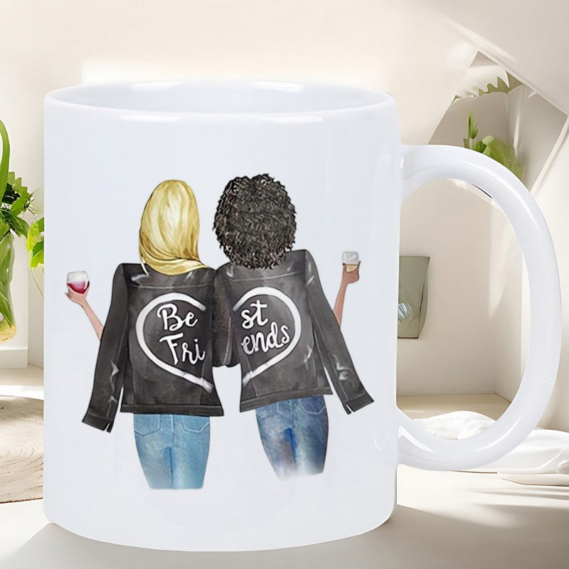Tailorly White Ceramic 11 oz Mug - Best Friends Two Women Wearing Leather Jackets Forming A Heart Shape Among Dear Friends