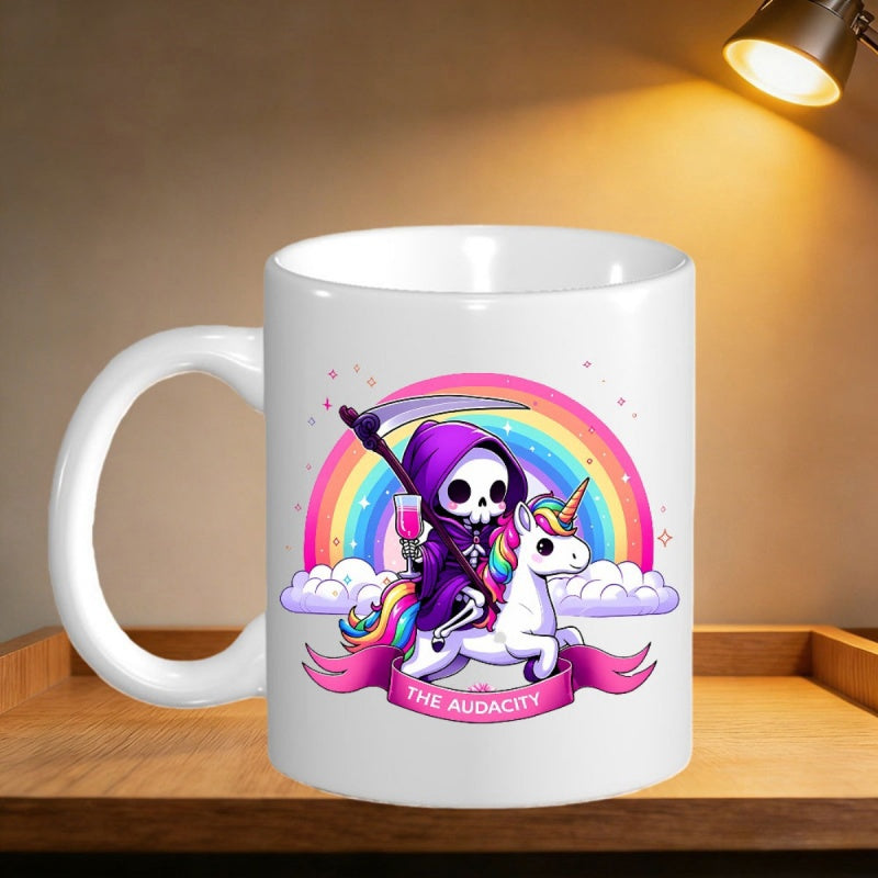 Tailorly White Ceramic 11 oz Mug - The Audacity Cute Chibi Grim Reaper Riding Magical Unicorn Under Colorful Rainbow Clouds Unicorn