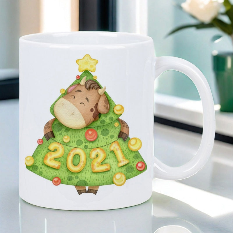 Tailorly White Ceramic 11 oz Mug - 2021 Festive Decorated Green Holiday Tree Featuring A Cute Cartoon Cow