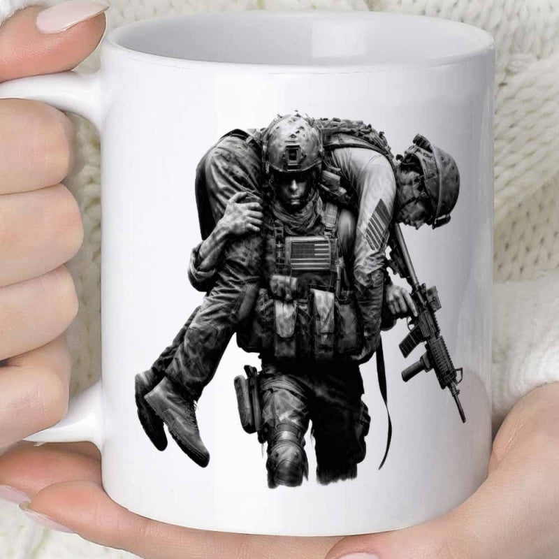 Tailorly White Ceramic 11 oz Mug - Brave Soldier Carrying A Wounded Comrade During Intense Tactical Battlefield Mission Soldier