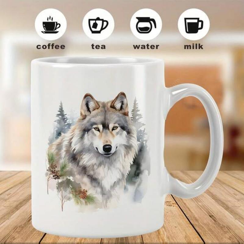 Tailorly White Ceramic 11 oz Mug - Majestic Grey Wolf Amidst Evergreen Pine Trees With Soft Watercolor Texture Wolf