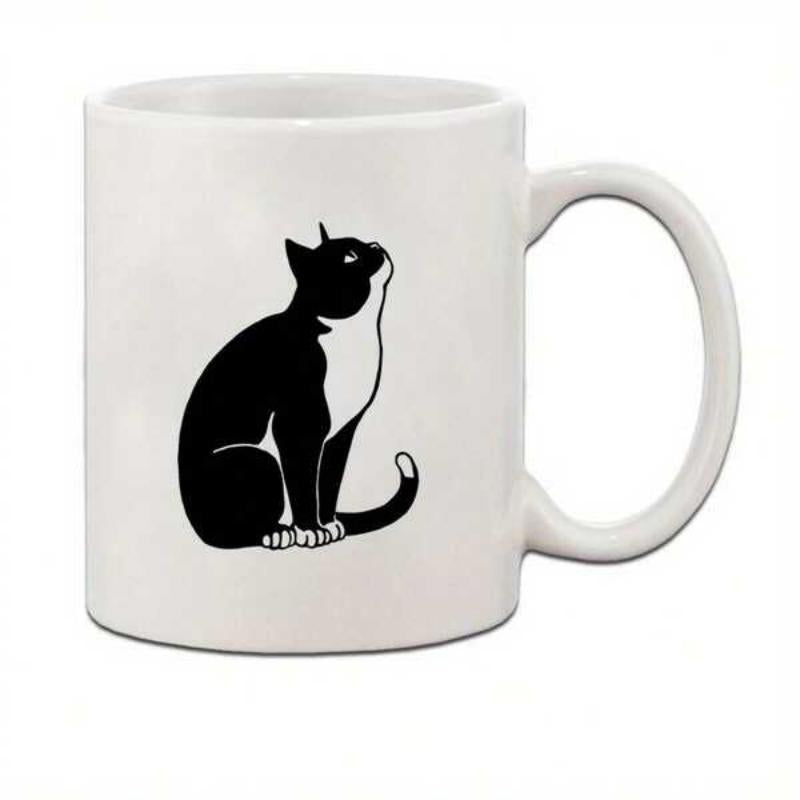 Tailorly White Ceramic 11 oz Mug - Elegant Silhouette Of A Sitting Tuxedo Cat Looking Upwards Peacefully Cat