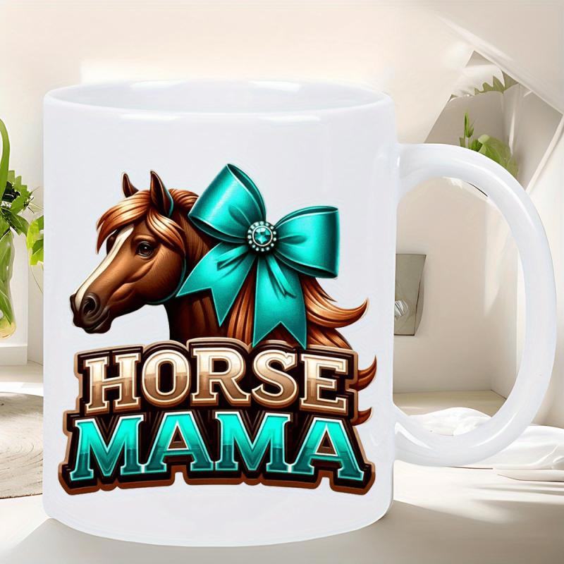 Tailorly White Ceramic 11 oz Mug - Horse Mama Majestic Brown Equine Wearing An Elegant Teal Silk Ribbon Bow Horse