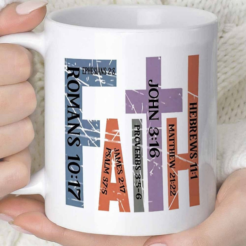 Tailorly White Ceramic 11 oz Mug - Faith Vertical Colorful Bars With Distressed Texture Forming Bold Typographic Pattern