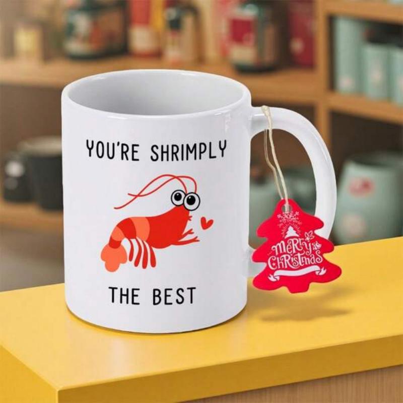 Tailorly White Ceramic 11 oz Mug - Youre Shrimply The Best Adorable Little Red Shellfish With Big Eyes And Hearts Shrimp