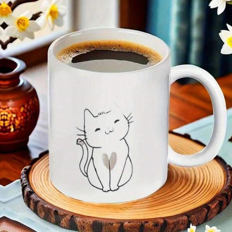 Tailorly White Ceramic 11 oz Mug - Cute Minimalist Line Drawing Of A Sitting Smiling Kitten With Heart Cat