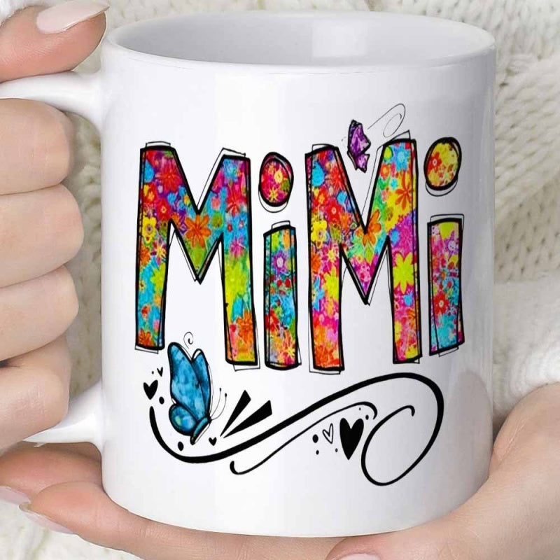 Tailorly White Ceramic 11 oz Mug - Mimi Colorful Floral Patterns Featuring Blue Flying Hearts And Graceful Butterfly