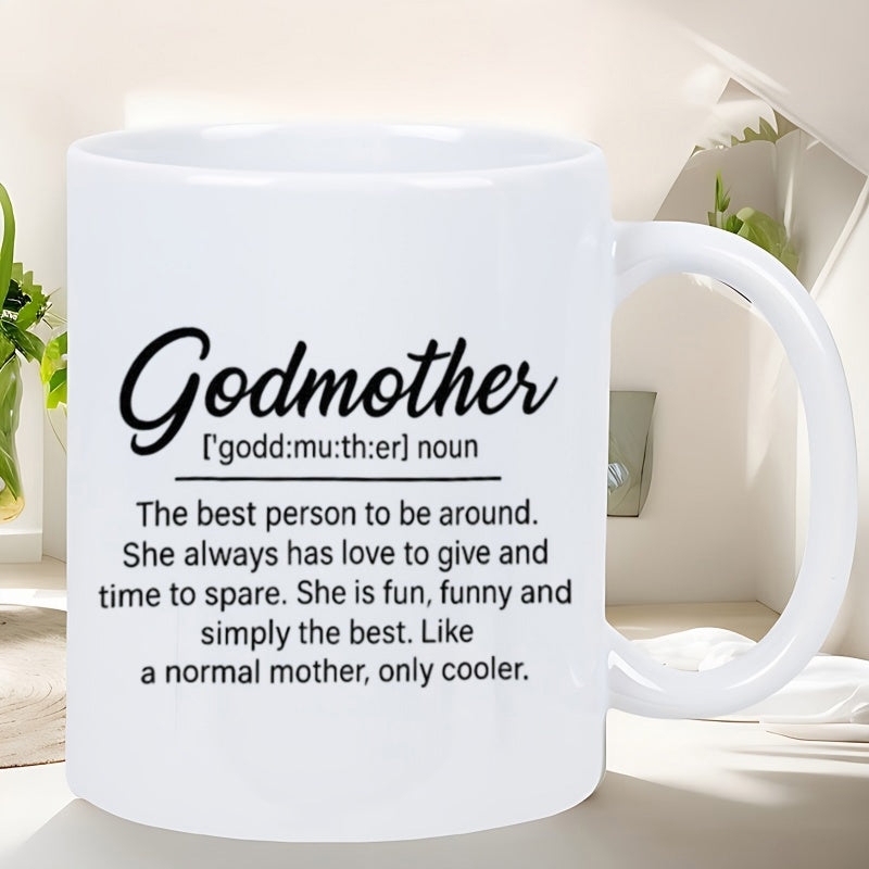 Tailorly White Ceramic 11 oz Mug - Godmother Minimalist White Ceramic Vessel Featuring Elegant Black Script Font Layout Mug