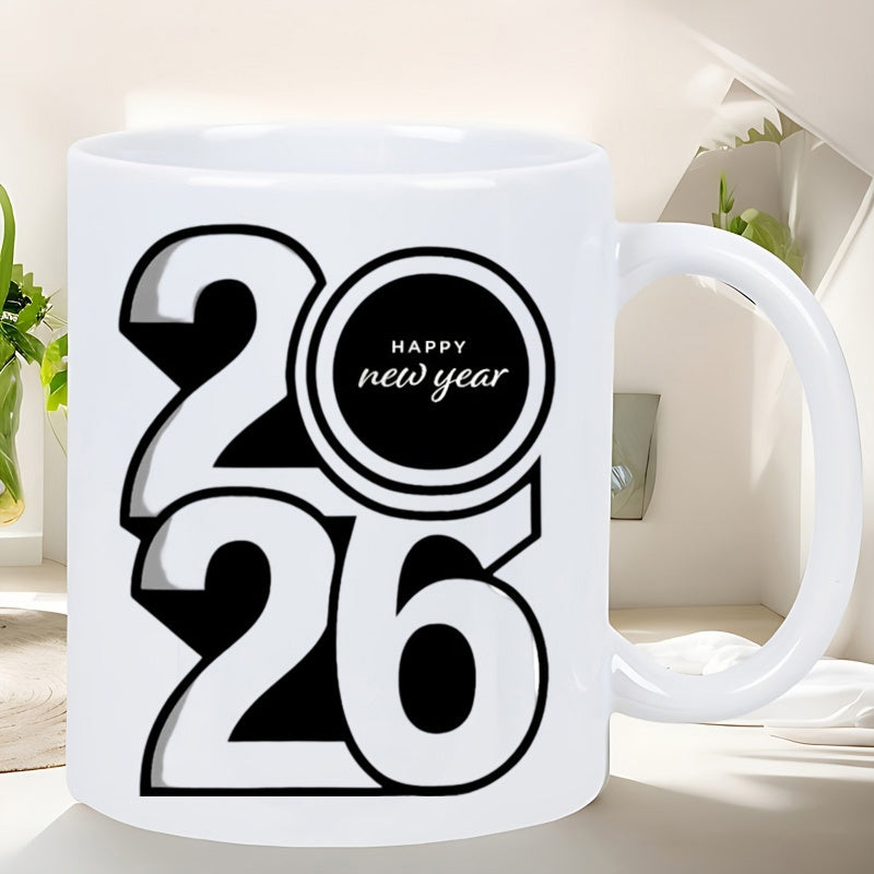 Tailorly White Ceramic 11 oz Mug - Happy New Year 2026 Bold Stylized Black And White Number Within A Circular Frame Celebration Mug