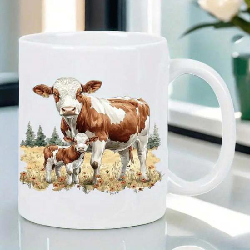 Tailorly White Ceramic 11 oz Mug - Artistic Mother And Calf Standing In Grassy Meadow Among Pine Trees Cow