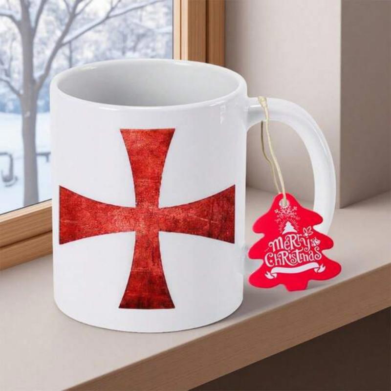 Tailorly White Ceramic 11 oz Mug - Merry Christmas Weathered Red Texture Design With Historical Religious Symbolism Cross